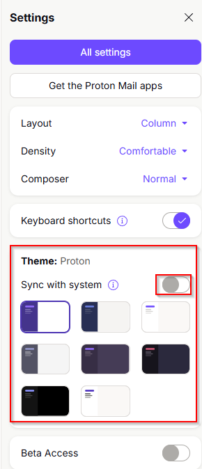 quick select theme from the settings sidebar in proton mail