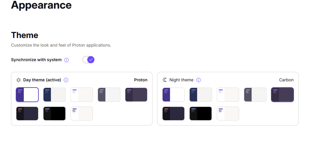sync to system lets you pick a day and a night theme for proton mail