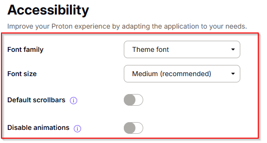 accessibility settings in proton mail