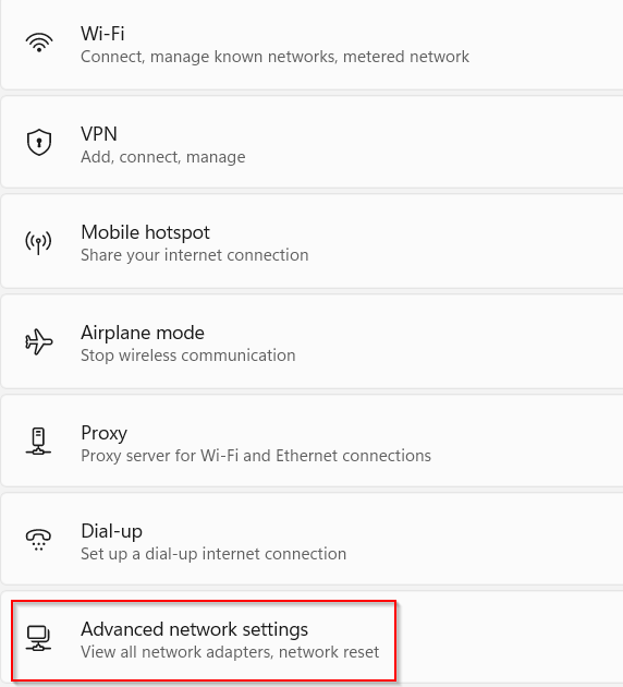 advanced network settings in windows 11