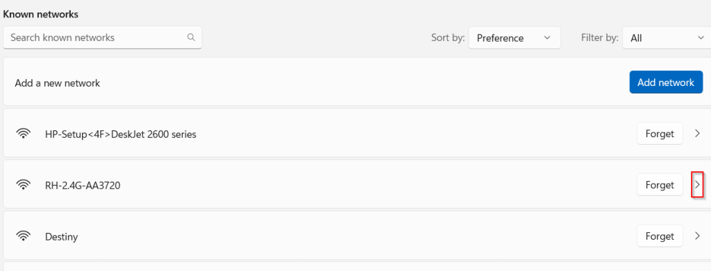 viewing properties of saved networks in windows 11