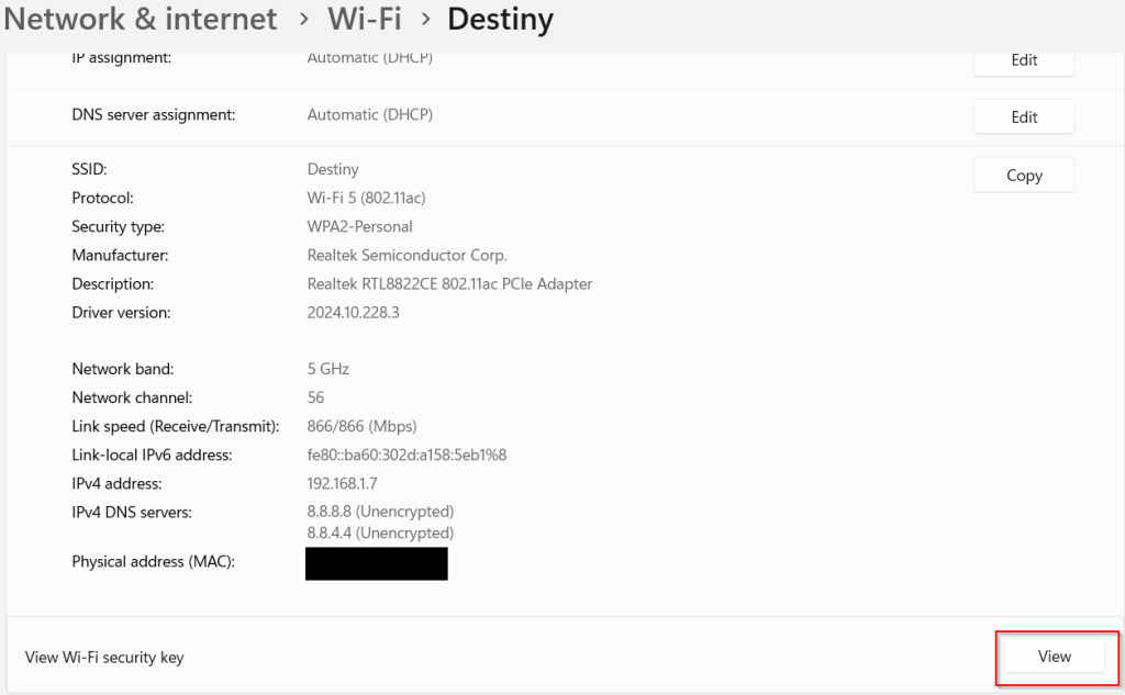 network properties of wifi network in windows 11