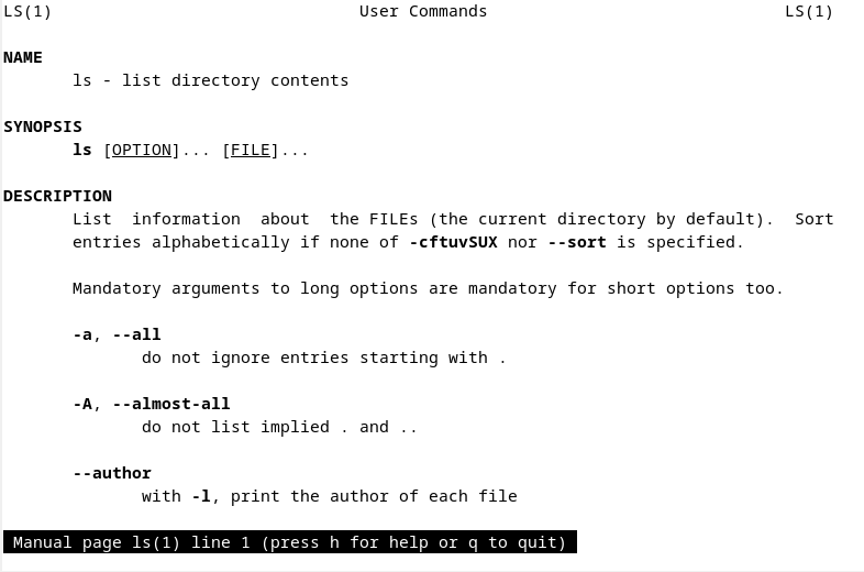 man page for the ls command