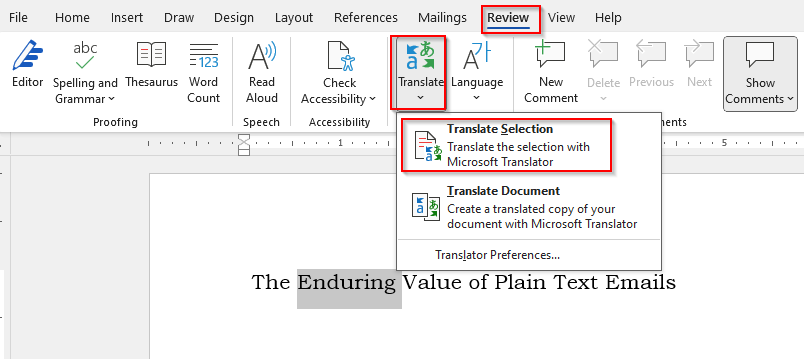 using the translate feature in word