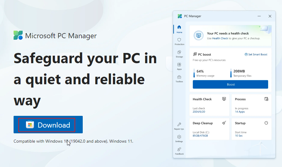 Microsoft PC Manager homepage