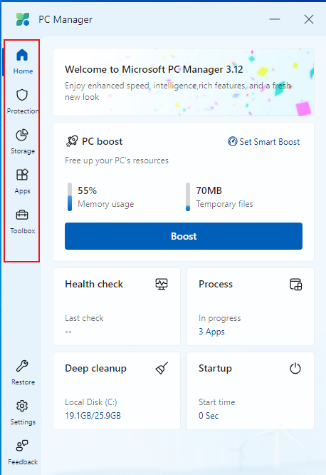 Microsoft PC Manager main interface