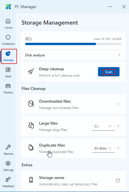 Storage options in PC Manager