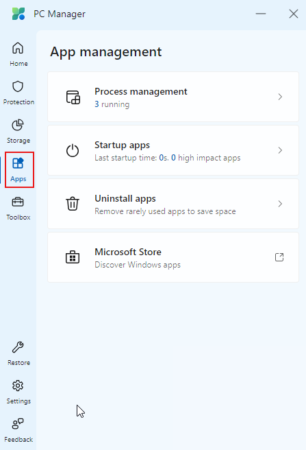 Apps settings in PC Manager