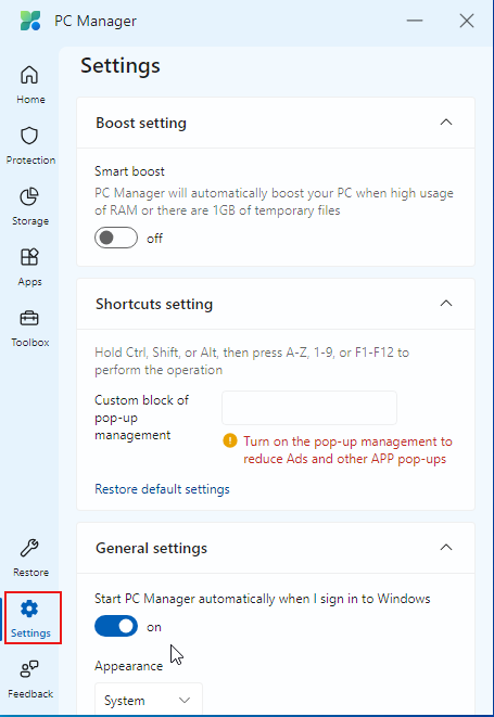 Settings for PC manager