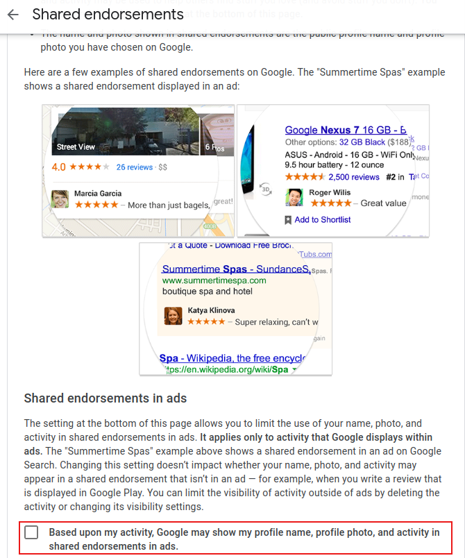 shared endorsement settings in Google account