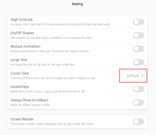 Cursor size settings in Ubuntu 24.04