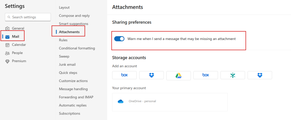 toggle attachment reminders in outlook