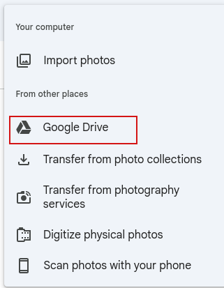 choose google drive as the upload source in google photos