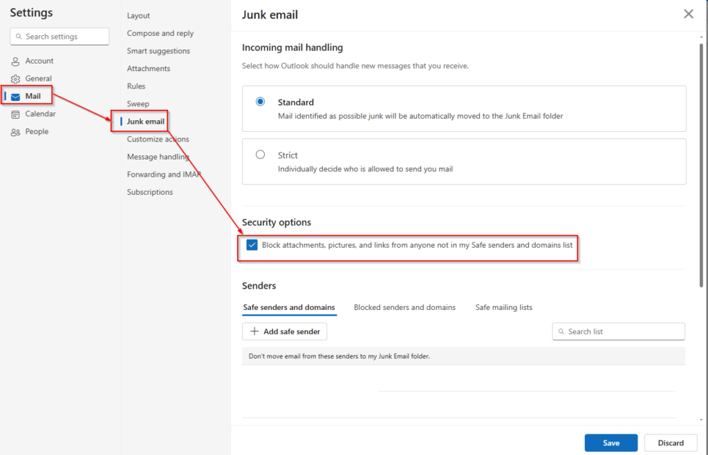 enable blocking of attachments and other message contents in outlook.com