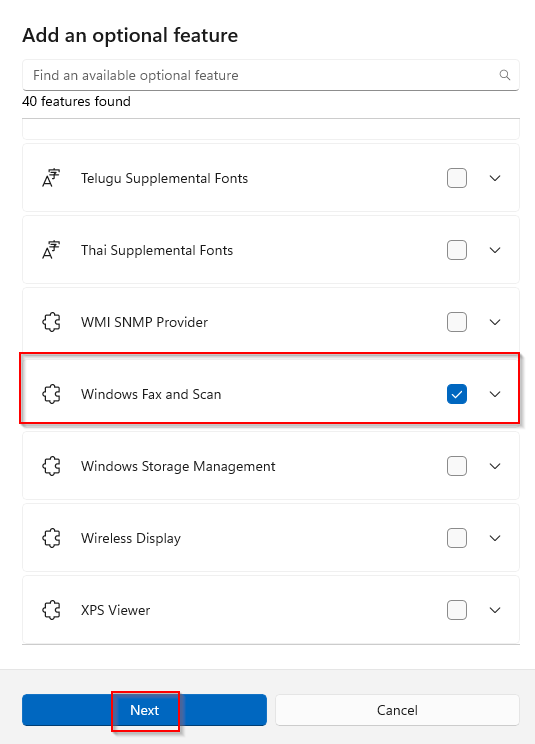 choose Windows Fax and Scan for adding in Windows 11