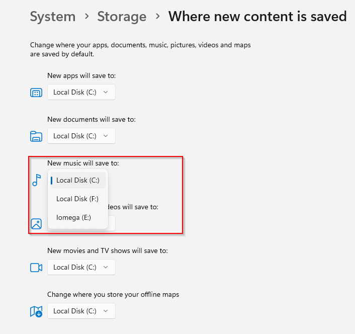 change default storage path in windows 11