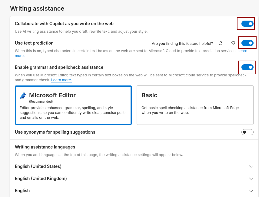 writing assistance settings in edge