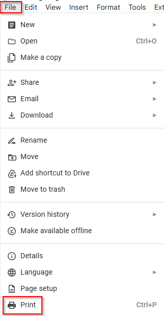 print option in google docs