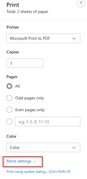 accessing detailed print settings in google docs