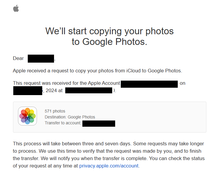 start transfer of photos from icloud to google photos