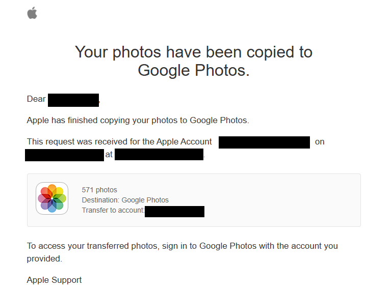 completed transfer of photos from icloud to google photos