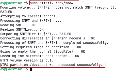 ntfsfix successful repair of ntfs partition in linux