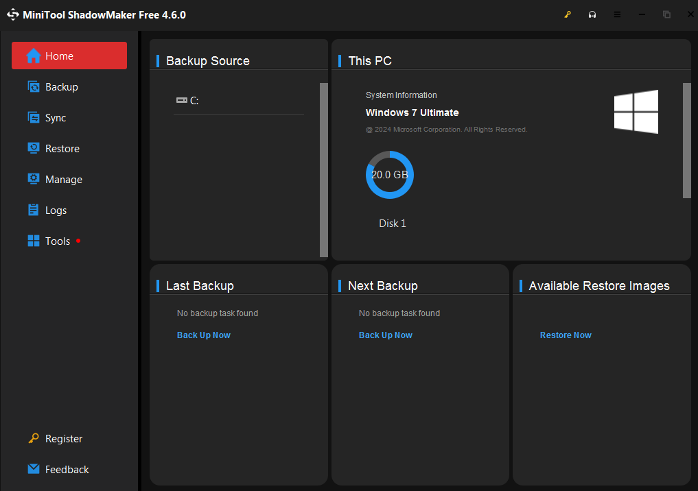 minitool shadowmaker main interface