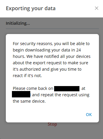 pop-up about exporting data in telegram desktop