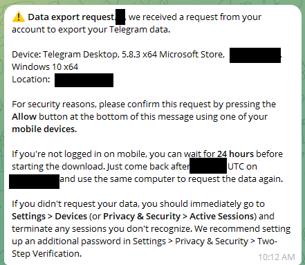 data export request received on telegram mobile
