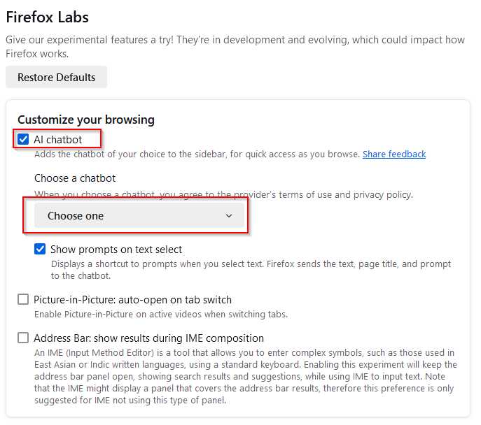 enable ai chatbot in firefox
